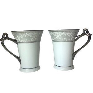 Sorelle Fine Porcelain Tea Cups Set Of 2 Silver White Scrolls Platinum Trim